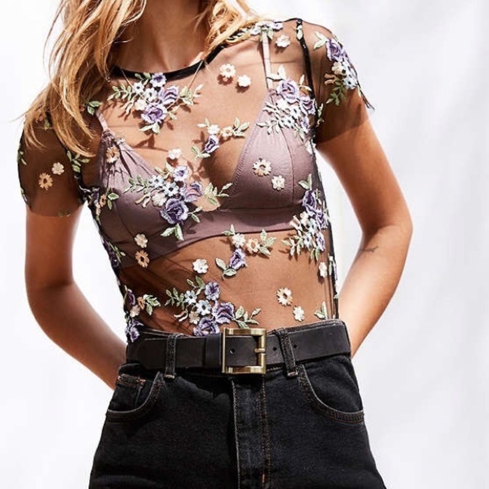 Urban Outfitters Sheer Mesh Cropped Black Floral Embroidered Shirt